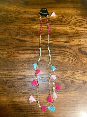 Taramanda Layered Tassel Statement Necklace - Pink, Blue, Gold